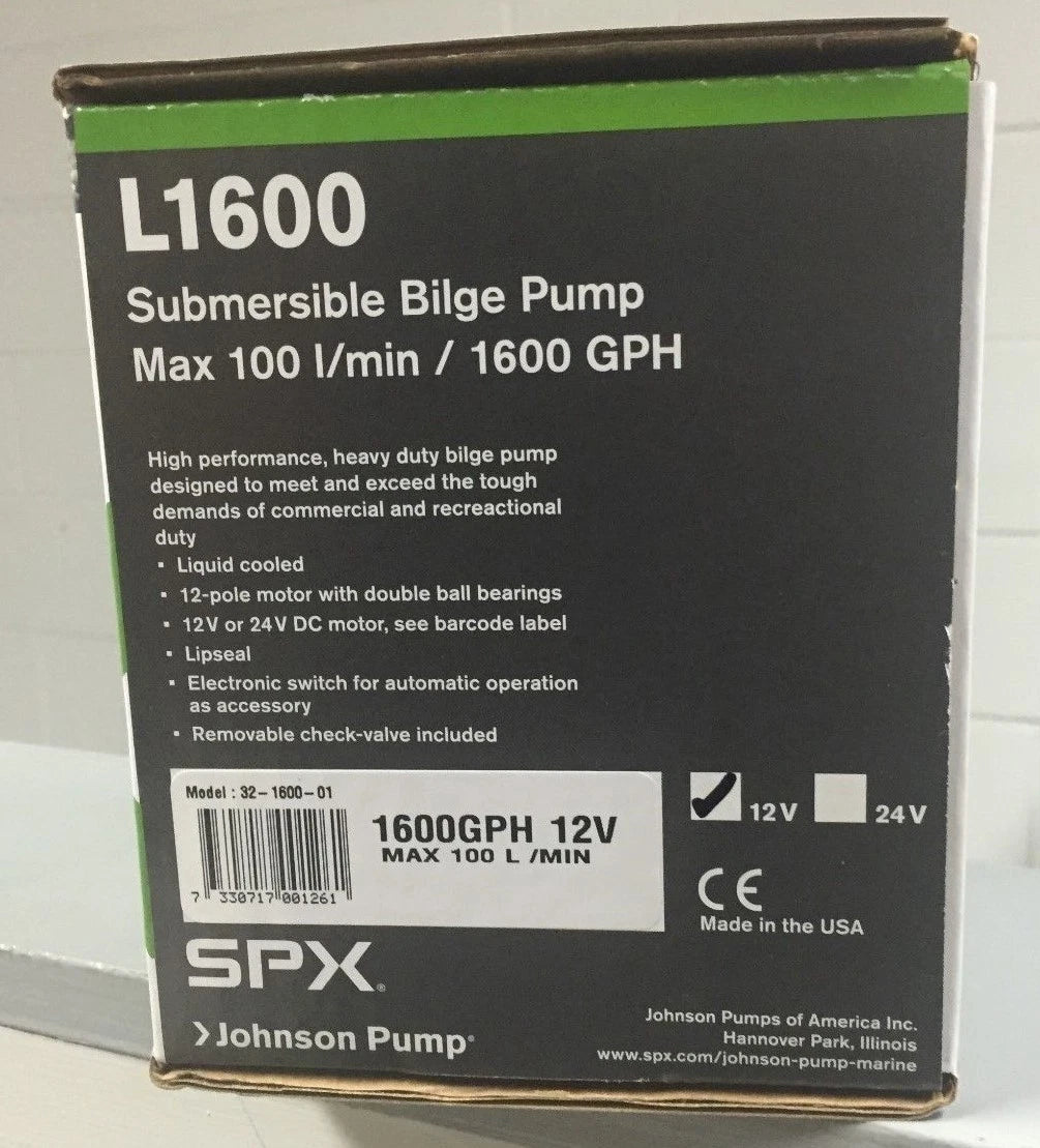 SPX Johnson Submersible Bilge Pump L1600 1600GPH 12V (32-1600-01, BLA 131806)