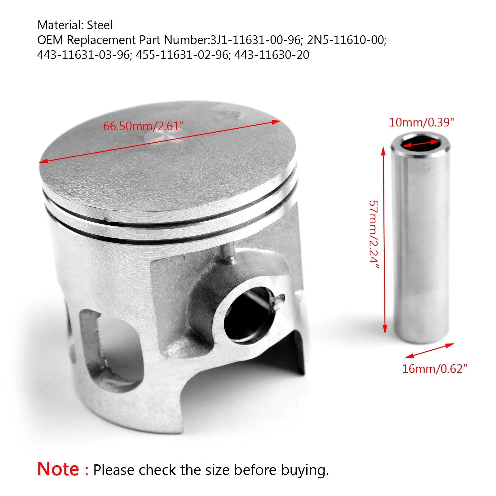 Piston Pin Kit Ø66.50mm for Yamaha DT175 YT175 (1974–1981) +0.50MM