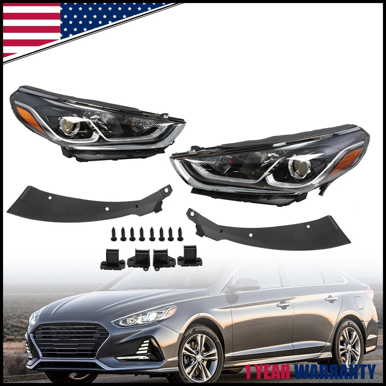 Halogen Headlight Assembly Pair for Hyundai Sonata (2018–2019) W/ Bulbs