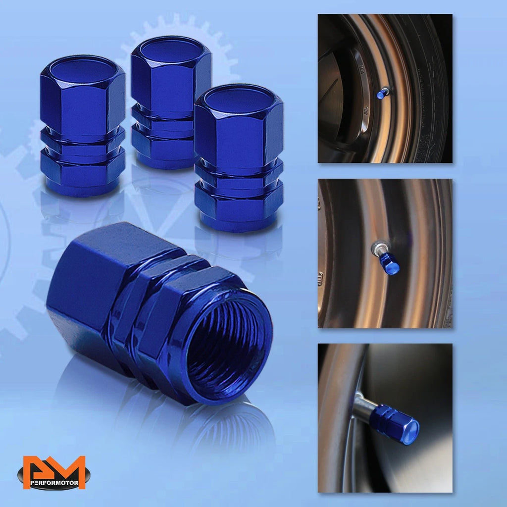Set of 4 Blue Aluminum Tire Stem Caps for Universal Vehicles (Hexagon Style)