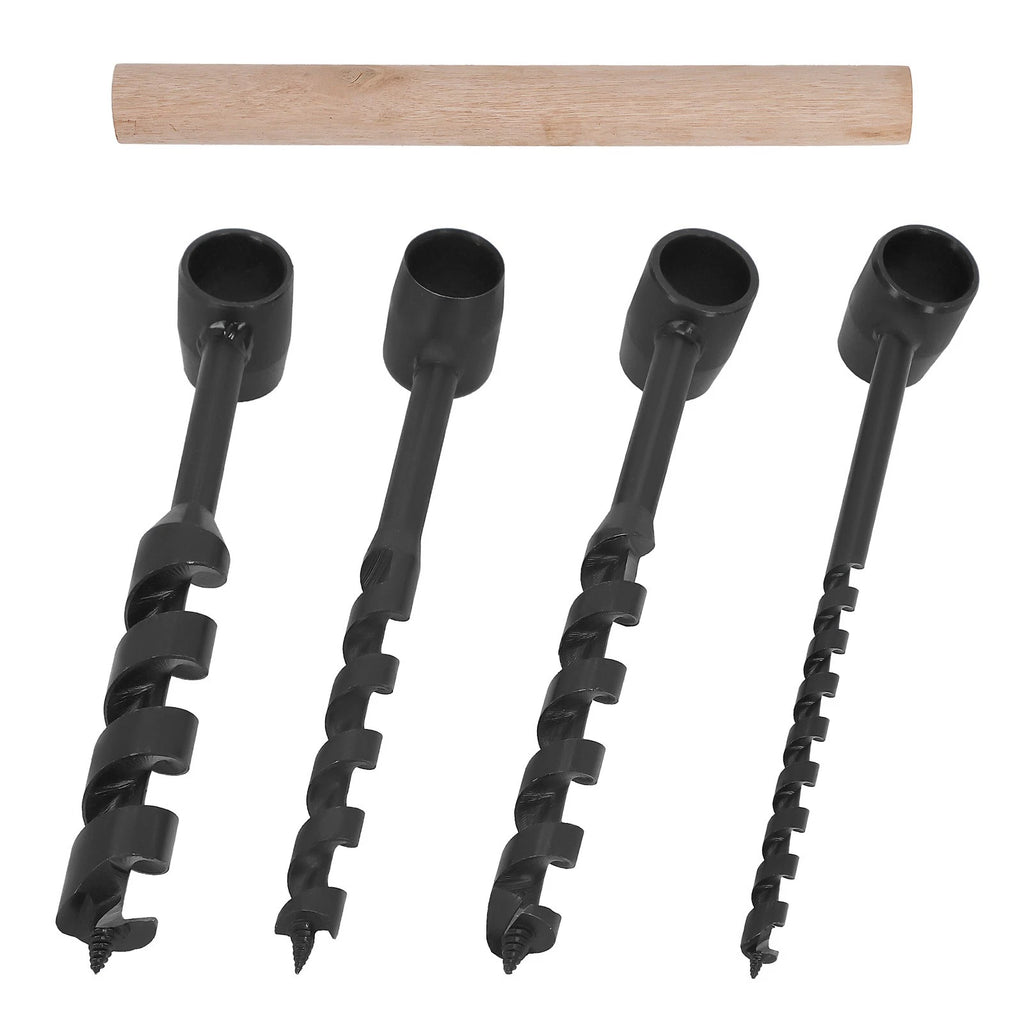 Set of 4 Manual Wood Auger Drill Bits with Handle, Carbon Steel