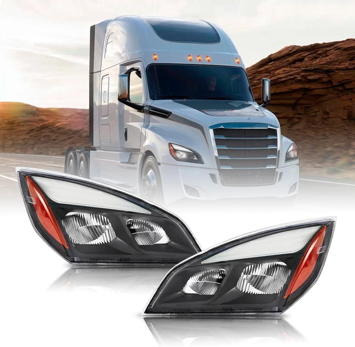 Full LED Black Headlights for Freightliner Cascadia (2018–2022) L+R