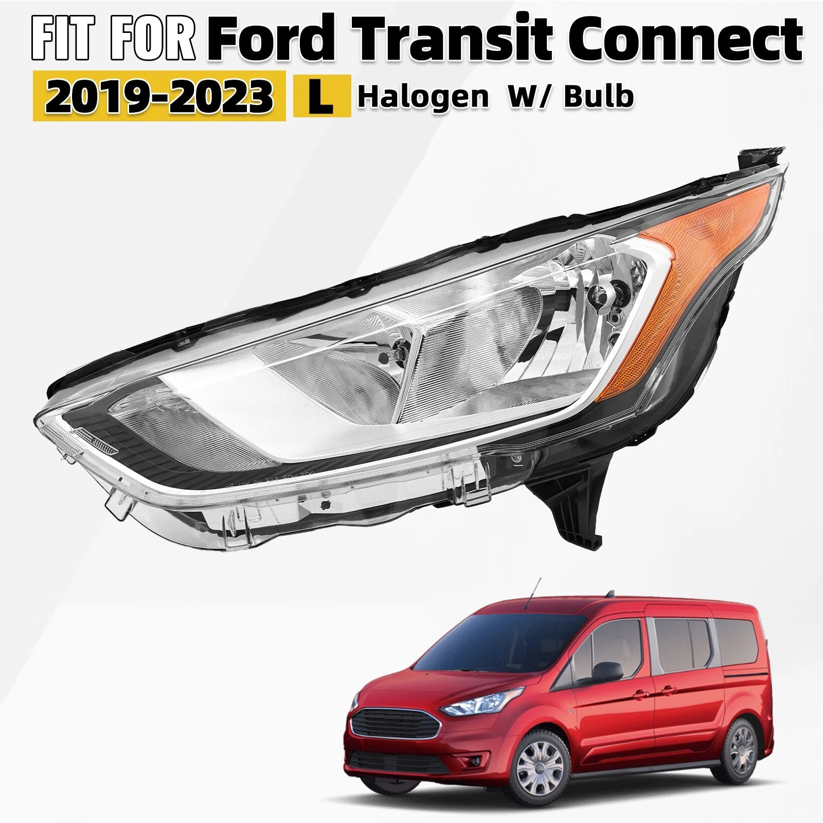 Halogen Headlight Headlamp for Ford Transit Connect (2019–2023) W/ Bulbs LH