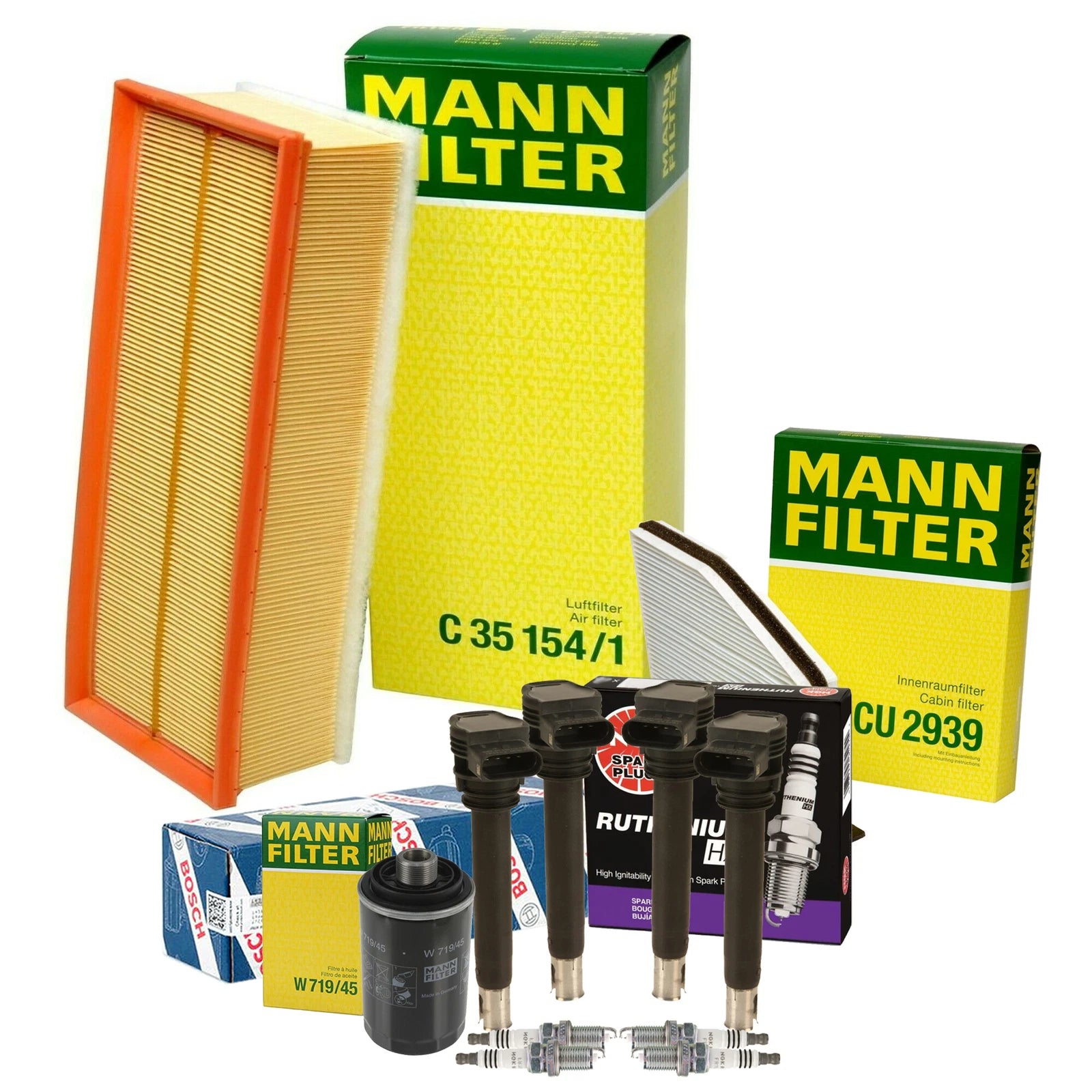 Set of 4 Mann Filters & 4 NGK Ruthenium HX Spark Plugs for Audi VW