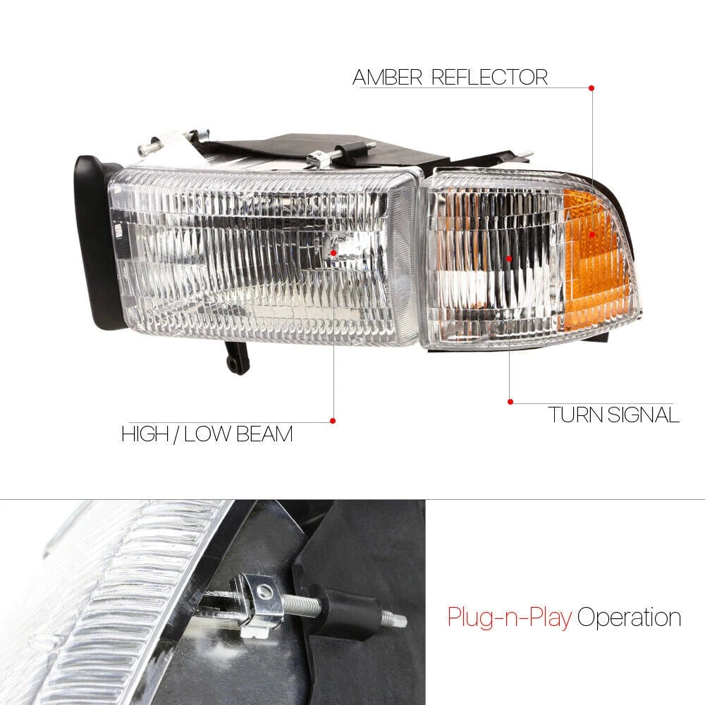 Set of 2 Halogen Chrome Headlights for Dodge Ram 1500 2500 3500 (1994–2002)