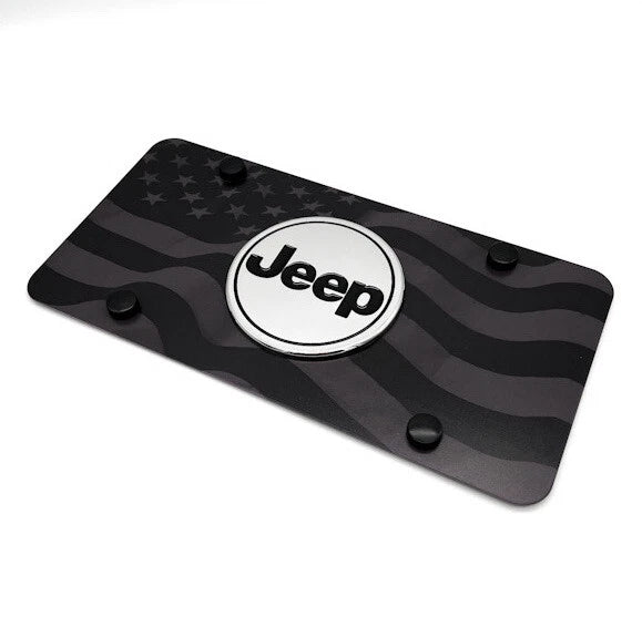 License Plate Cover Premium Black Wave with American Flag for Jeep Wrangler (2007–2024)