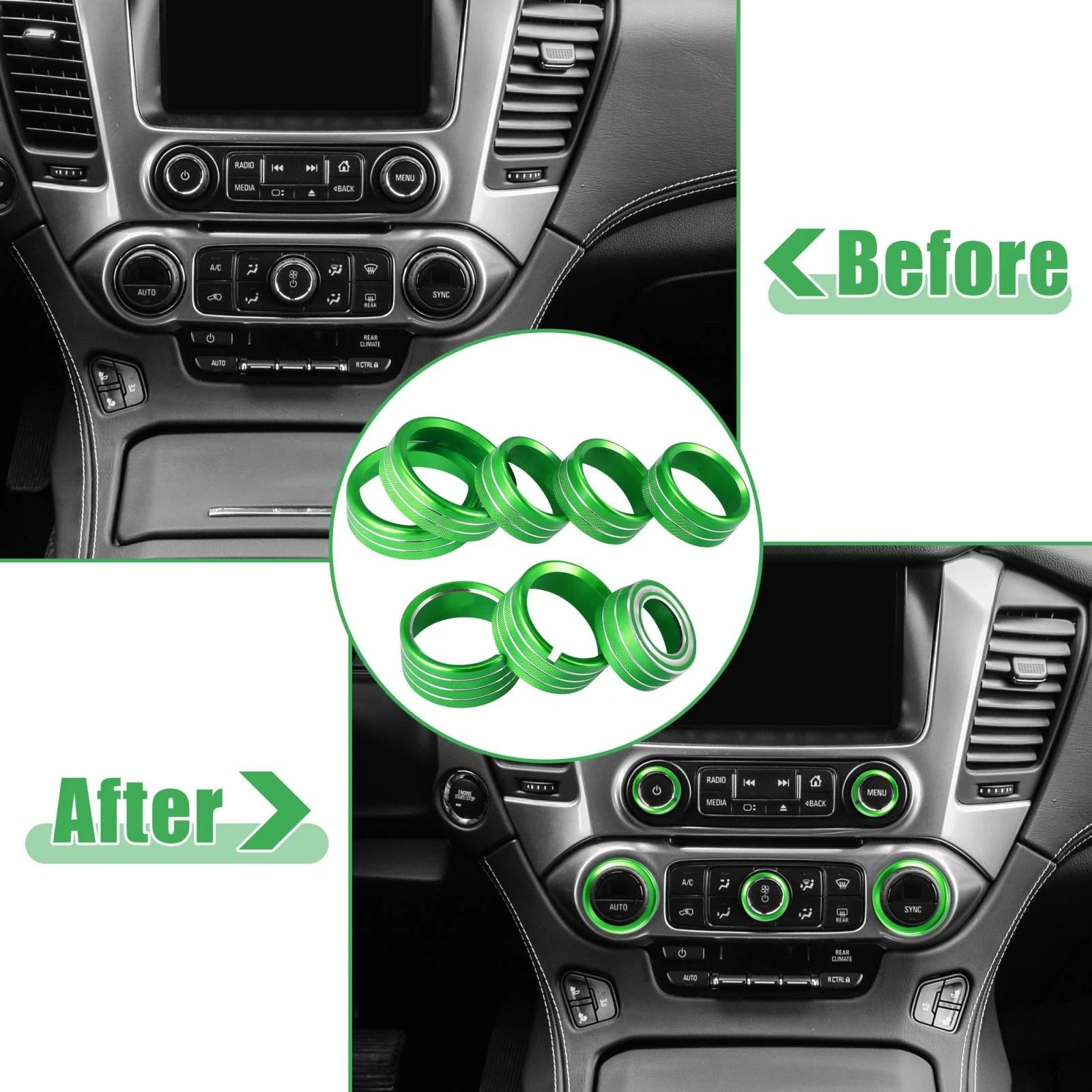 8 Pcs Green AC Radio Switch Knob Cover for Chevy Silverado, GMC Sierra (2014–2018)
