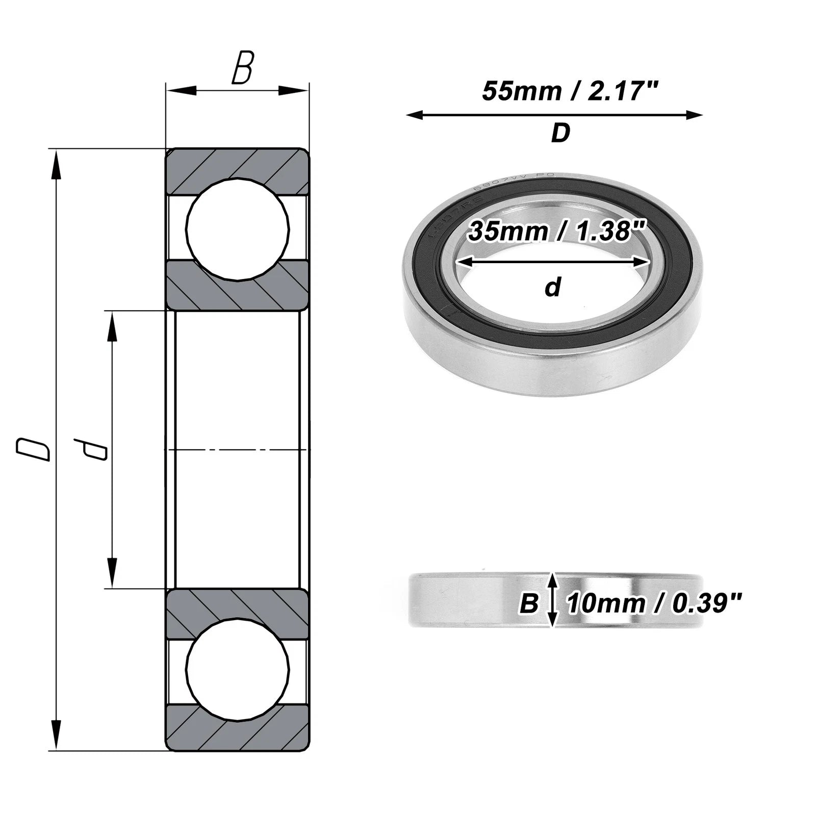 Deep Groove Ball Bearing 6907VV for Scooter Skateboard (P0 35x55x10mm)