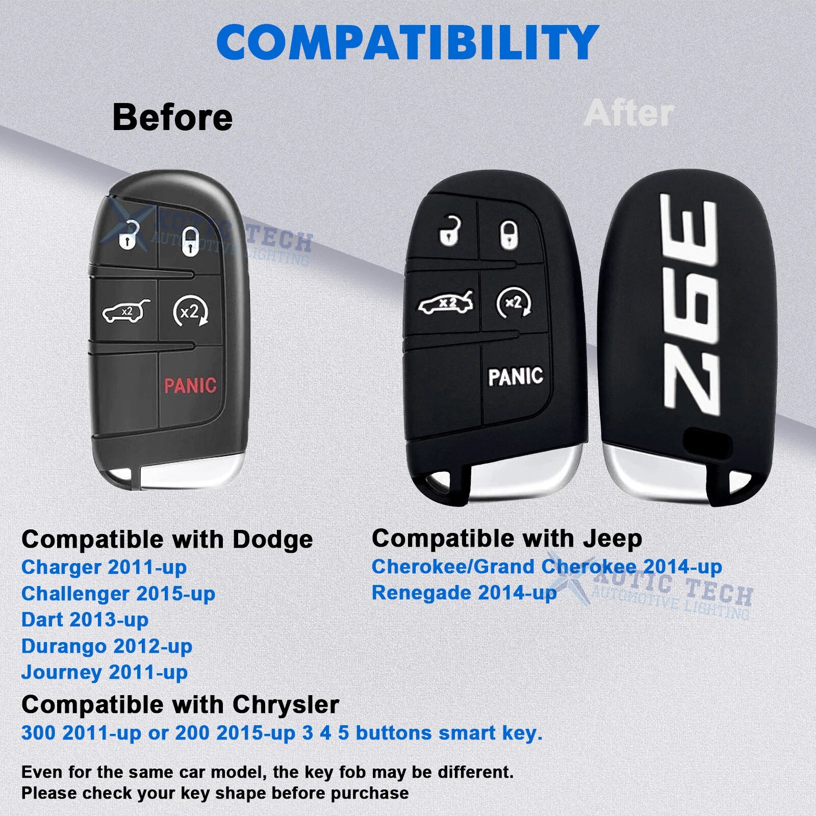 Silicone Remote Key Fob Shell Cover Case for Jeep Chrysler Dodge (2014-2020)