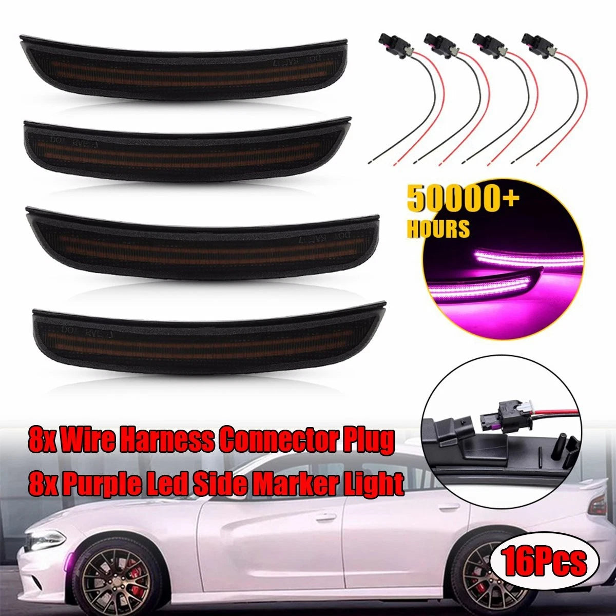 16x Purple LED Side Marker Signal Lights for Dodge Charger (2015–2022) + Harness