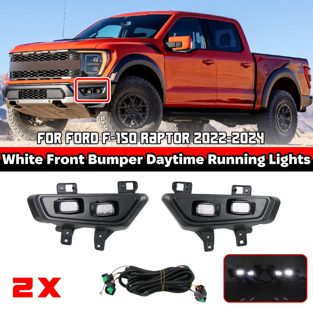 2X White Front Bumper LED DRL Fog Lights for Ford F-150 Raptor (2022–2024)