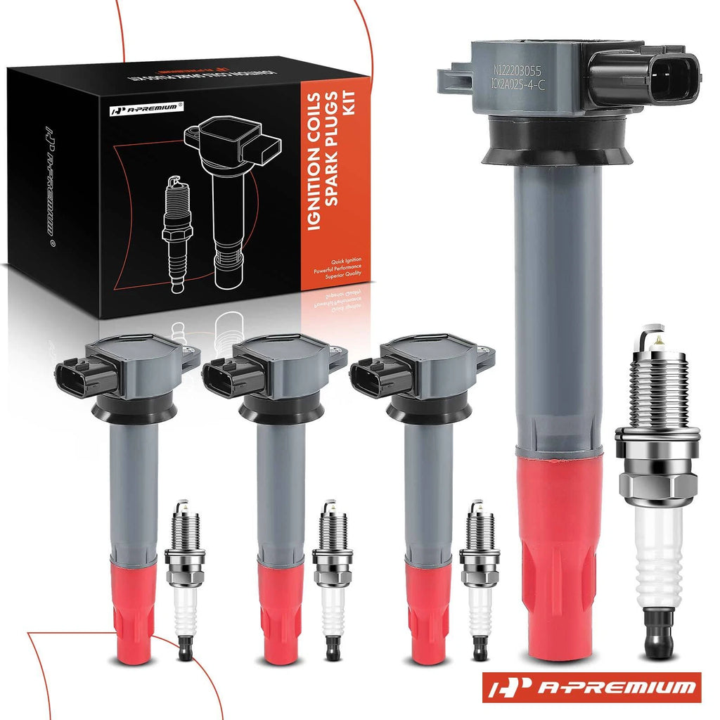 Set of 4 Red Ignition Coils & Iridium Spark Plugs for Mitsubishi Outlander 