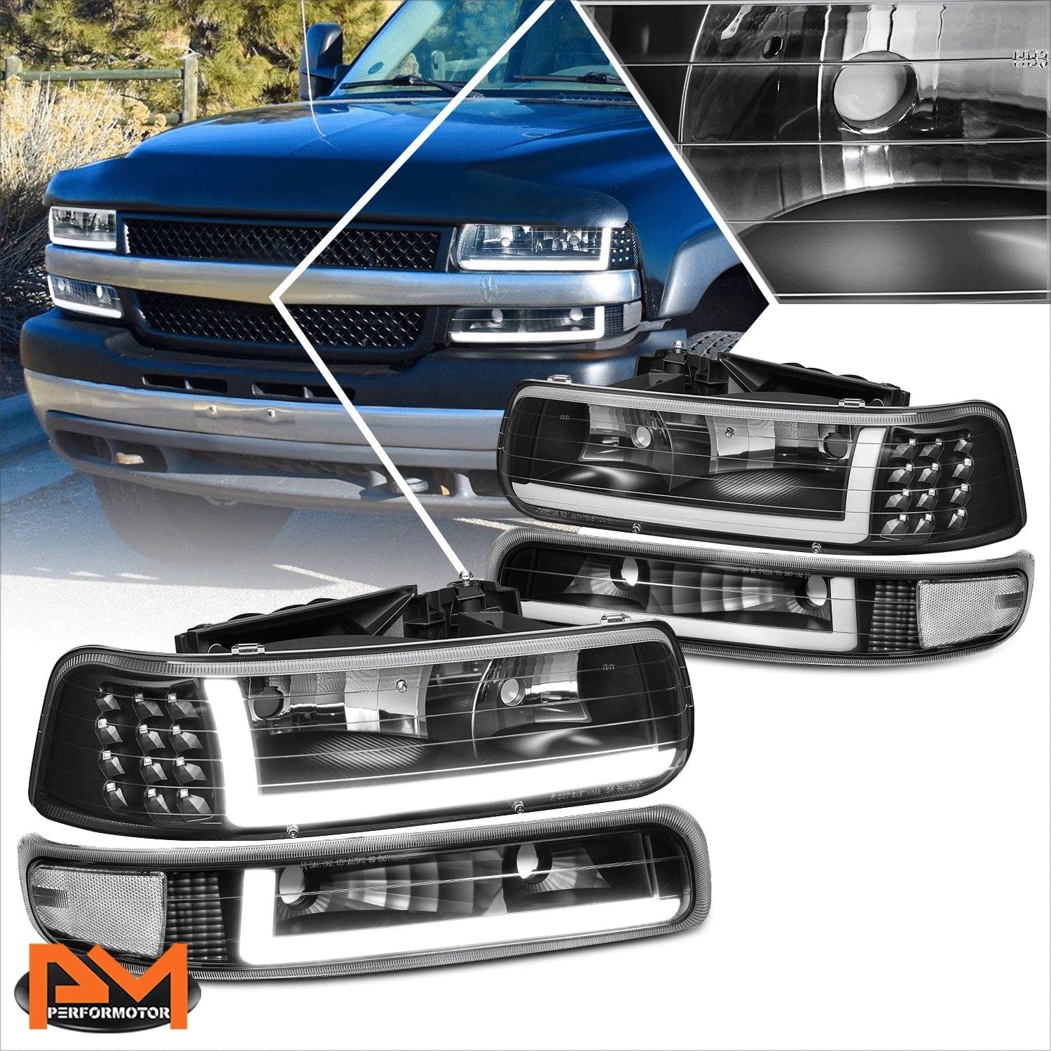 LED DRL Bumper Headlights for Chevy Silverado (1999–2002) Black Housing Clear Corner