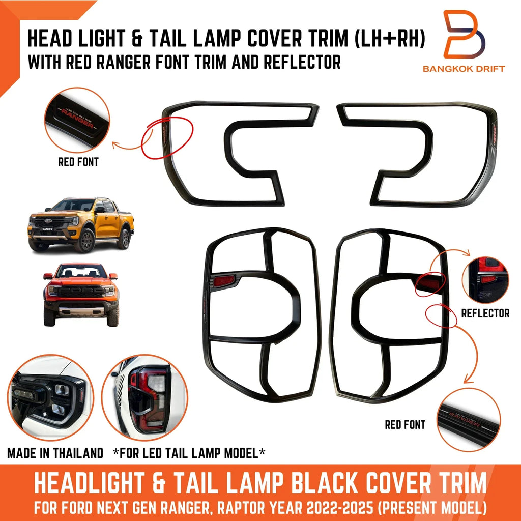 Black Red Headlight Tail Lamp Cover Trim for Ford Ranger Raptor (2022-2025)