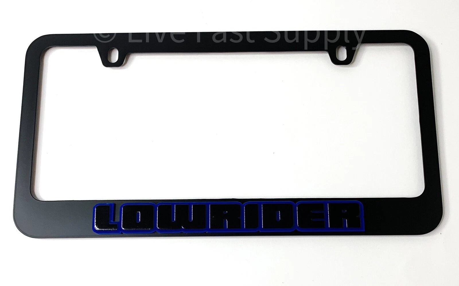 Matte Black Premium License Plate Frame with Blue Outline Script for Lowrider (Universal)