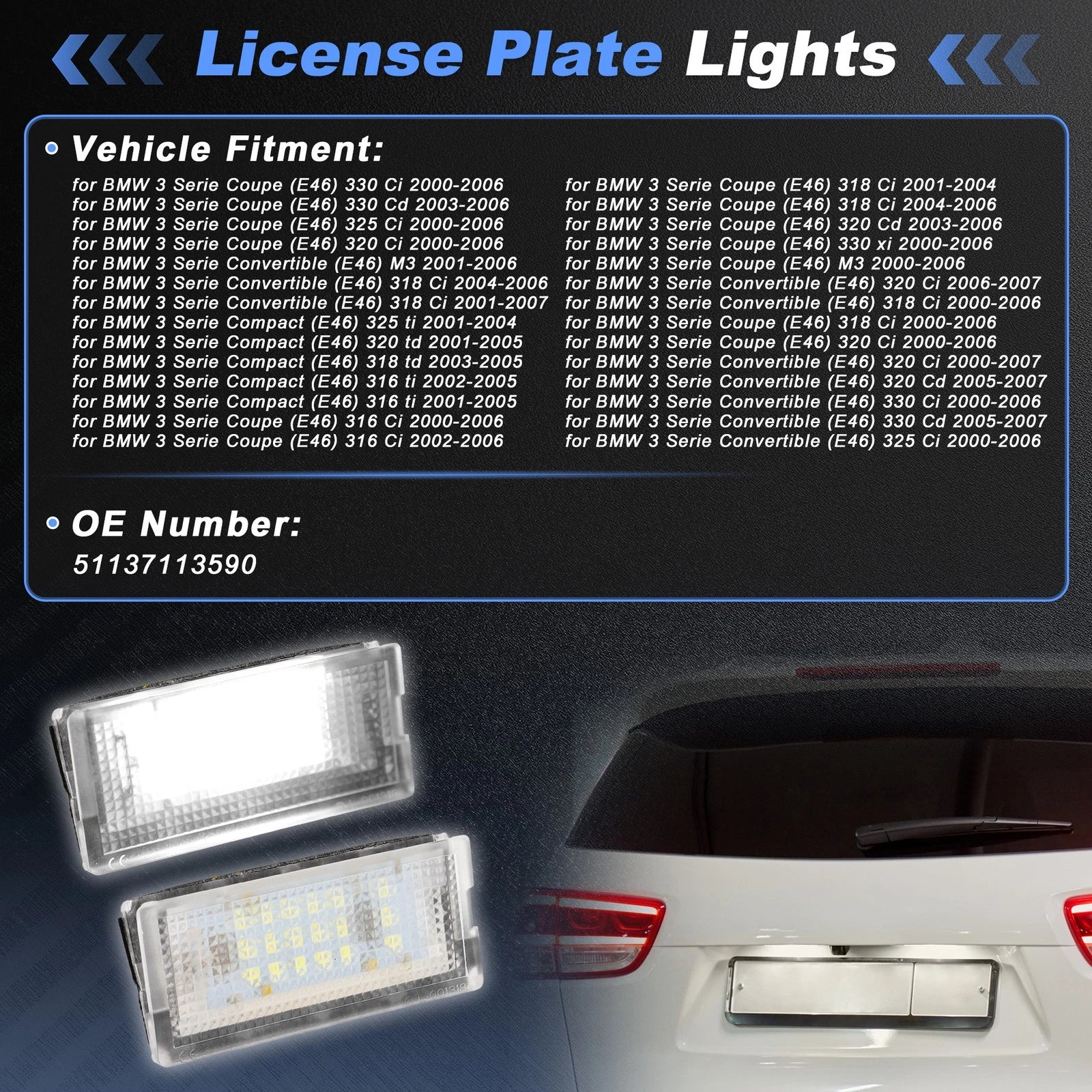 LED License Plate Light for BMW 3 Series Coupe (E46) 330 Ci (2000–2006) No. 51137113590