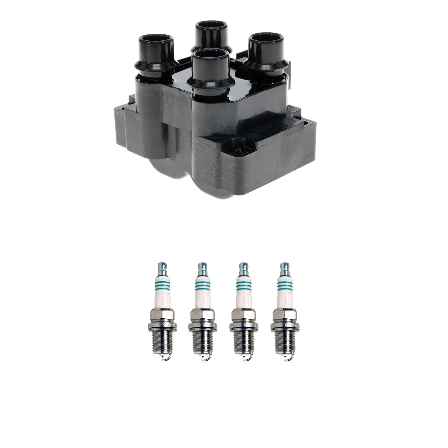 Hitachi Ignition Coil & 4 Denso Iridium Spark Plugs for Mazda 626 (1998–2002)