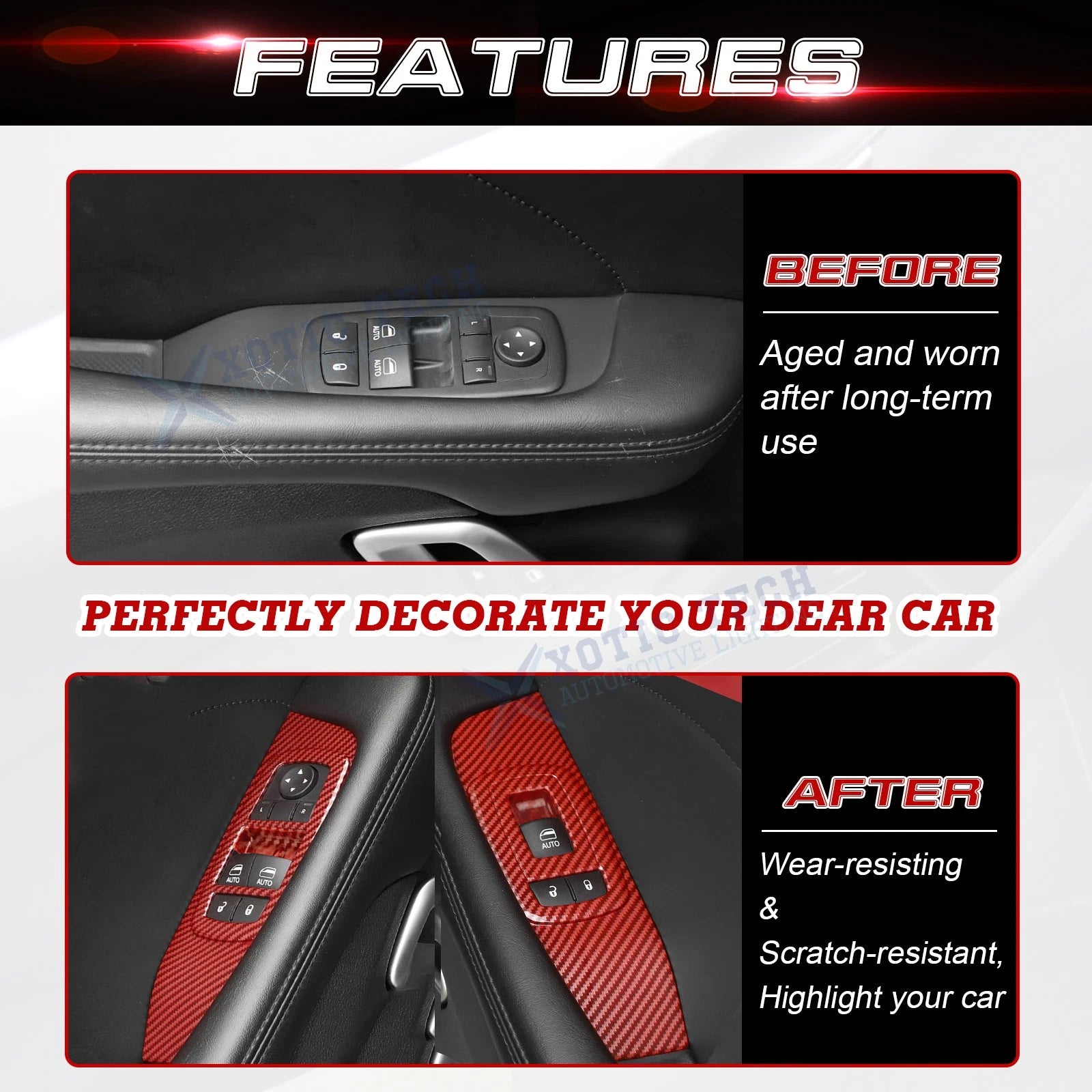 Red Carbon Fiber Door Window Lift Button Panel Trim for Dodge Challenger (2015-2024)