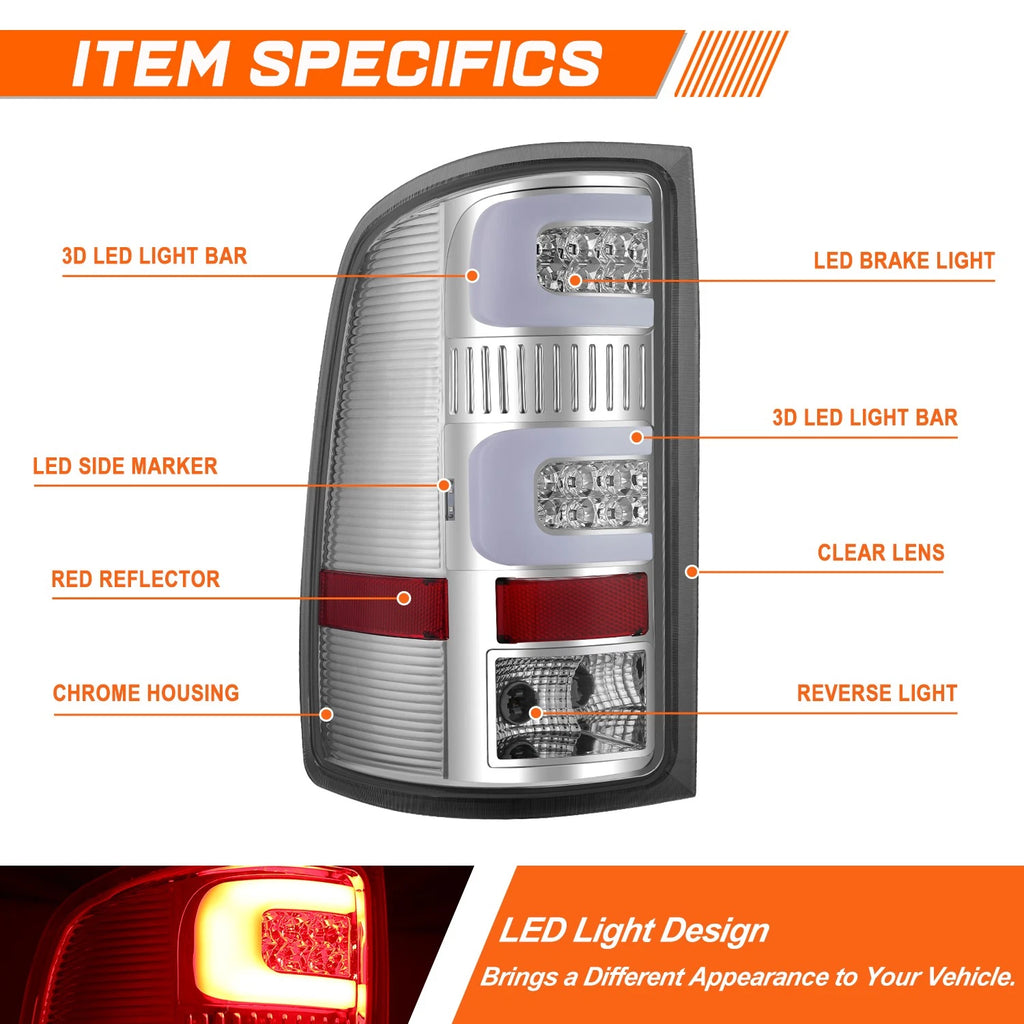 Dual 3D LED C-Tube Bar Tail Light for GMC Sierra (2007–2014) Chrome