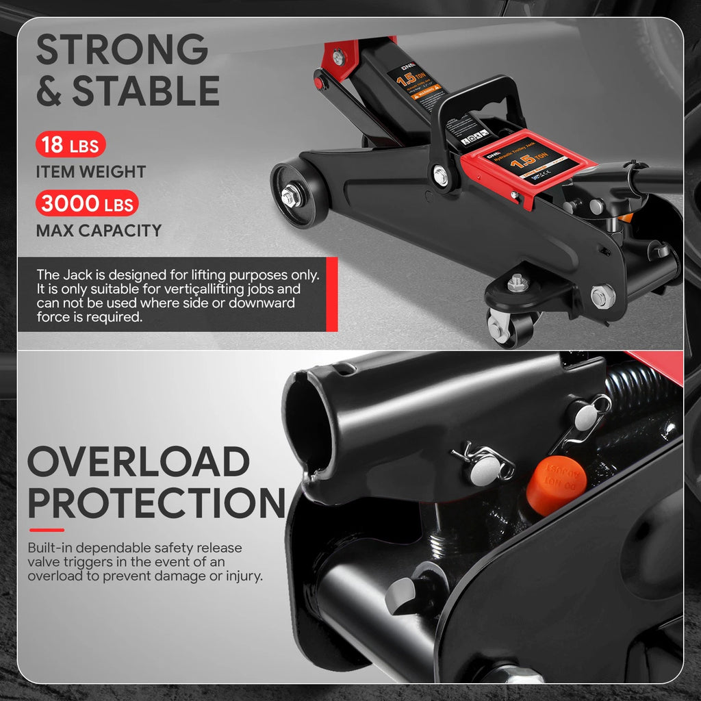 1.5 Ton Hydraulic Floor Jack 3000lbs Capacity with Swivel Casters