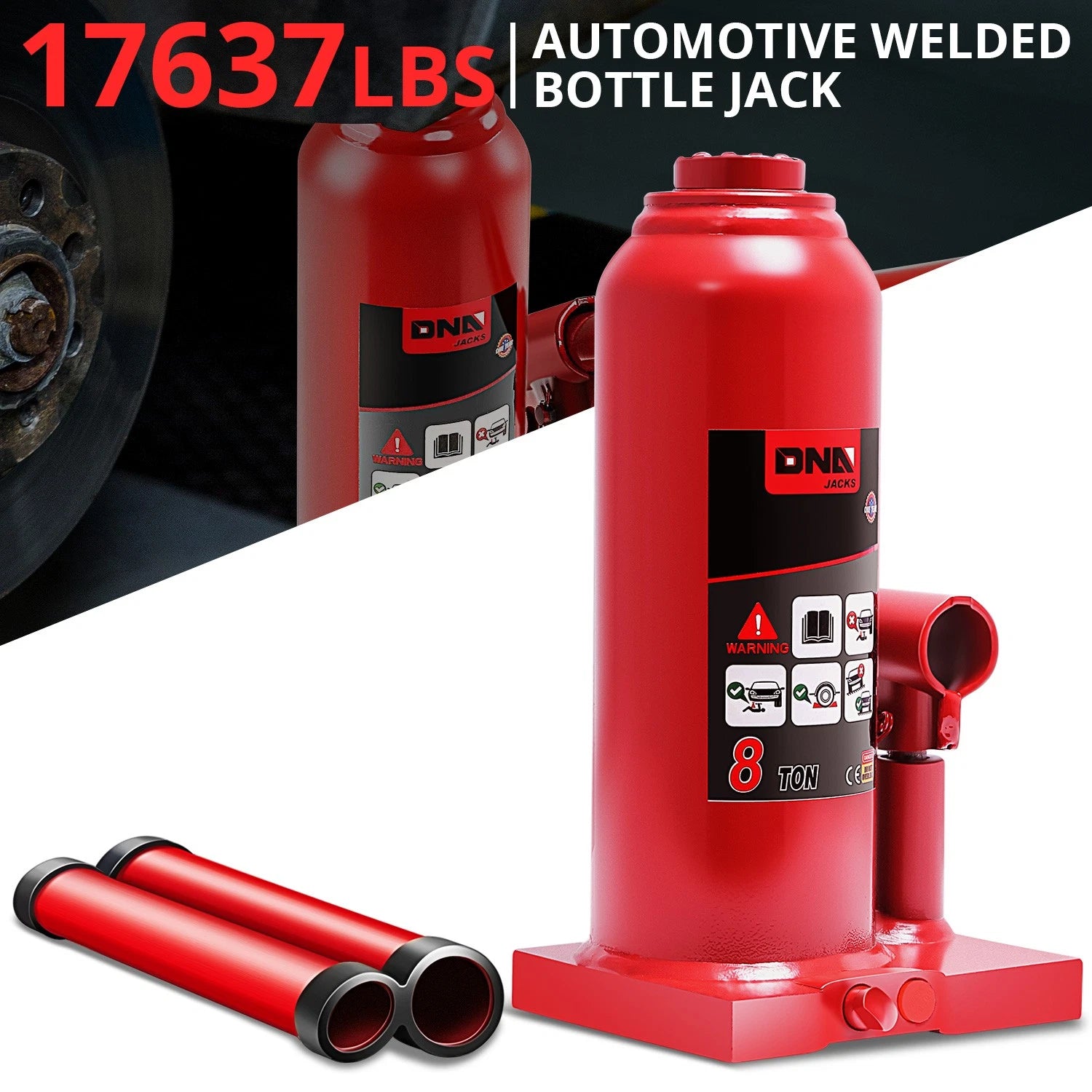 17.3" Red Manual Hydraulic Bottle Jack for Automotive Repair (8 Tons)