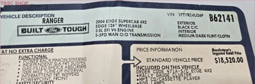 Original Dealer Window Sticker for Ford Ranger Sport Supercab 2004