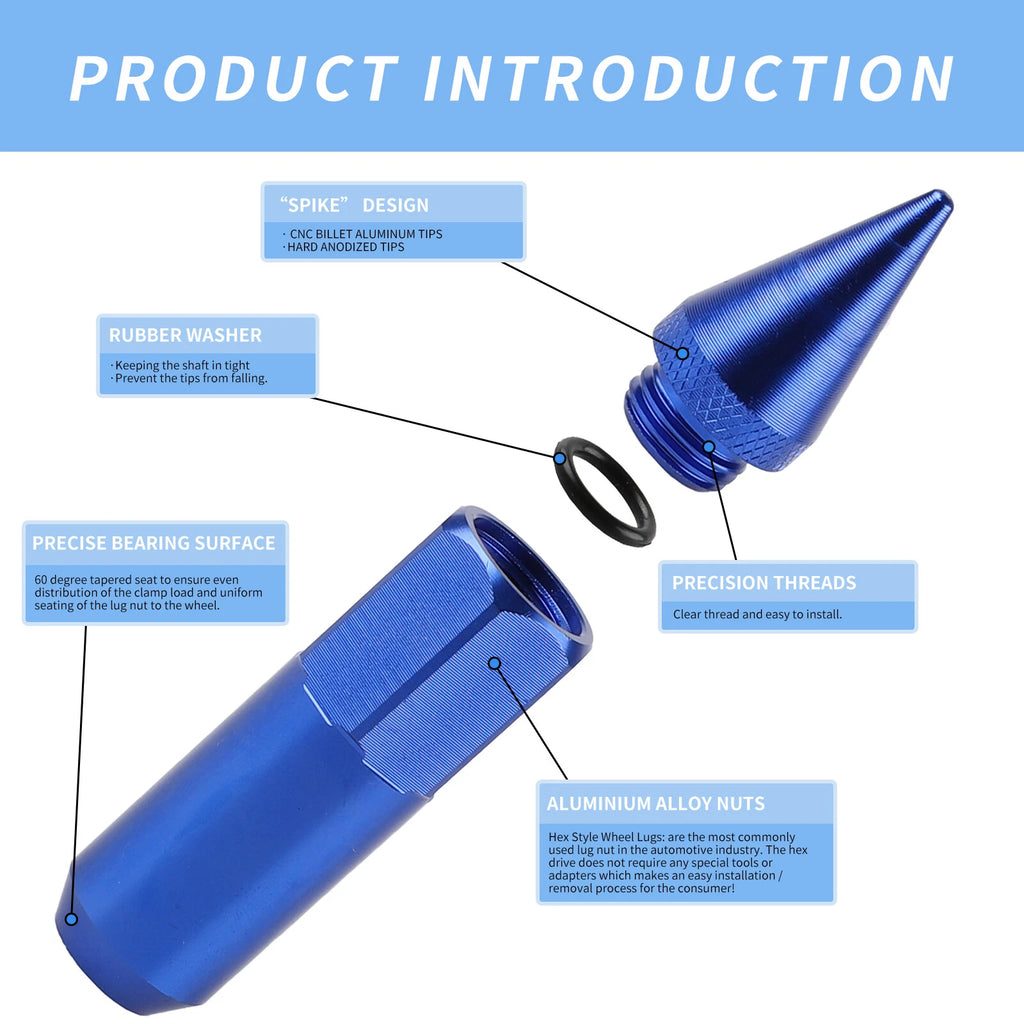 20pcs Arrow Style Blue Spiked Racing Wheel Lug Nuts M12 x 1.5mm