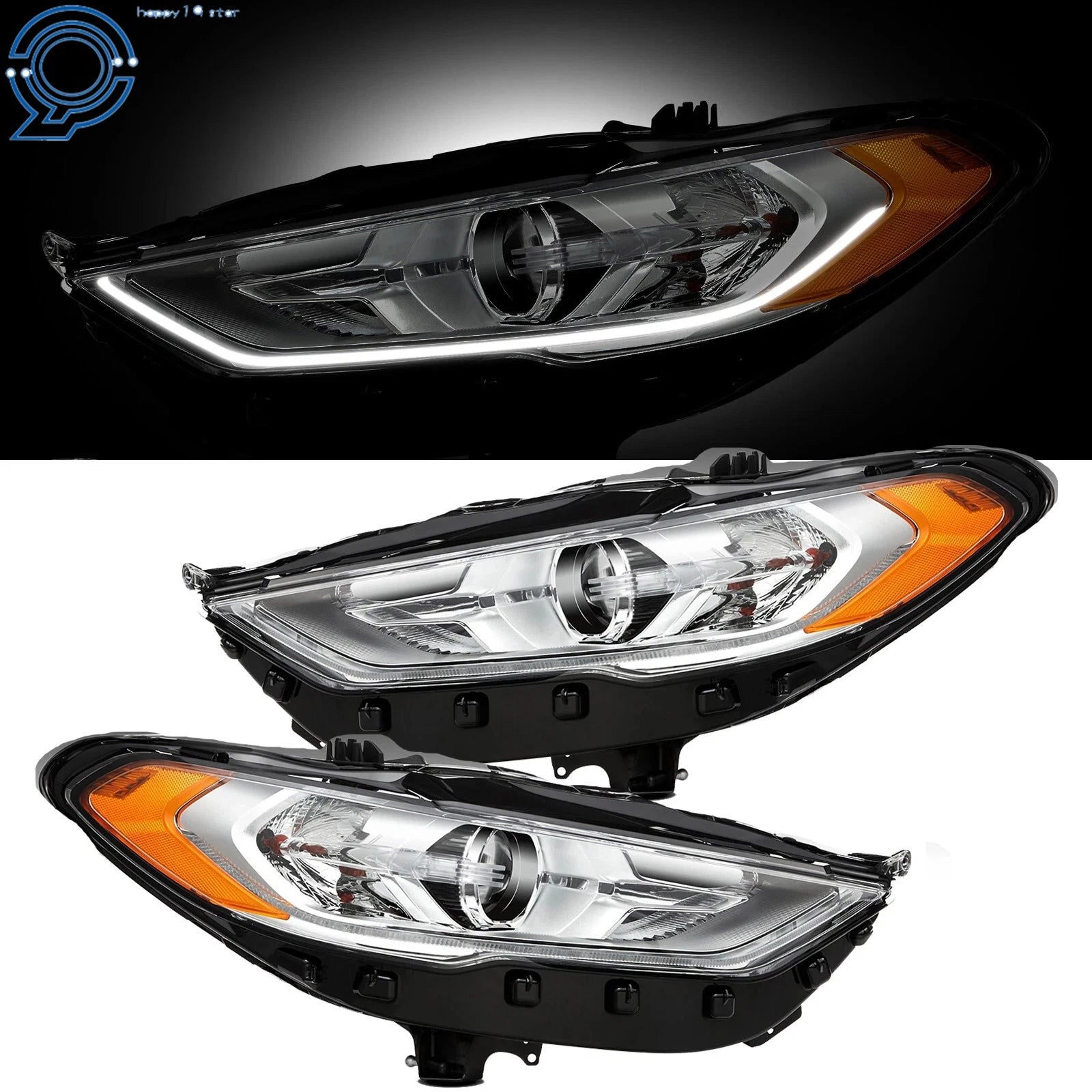 Pair of Halogen Projector Headlights w/LED DRL for Ford Fusion (2017–2019)