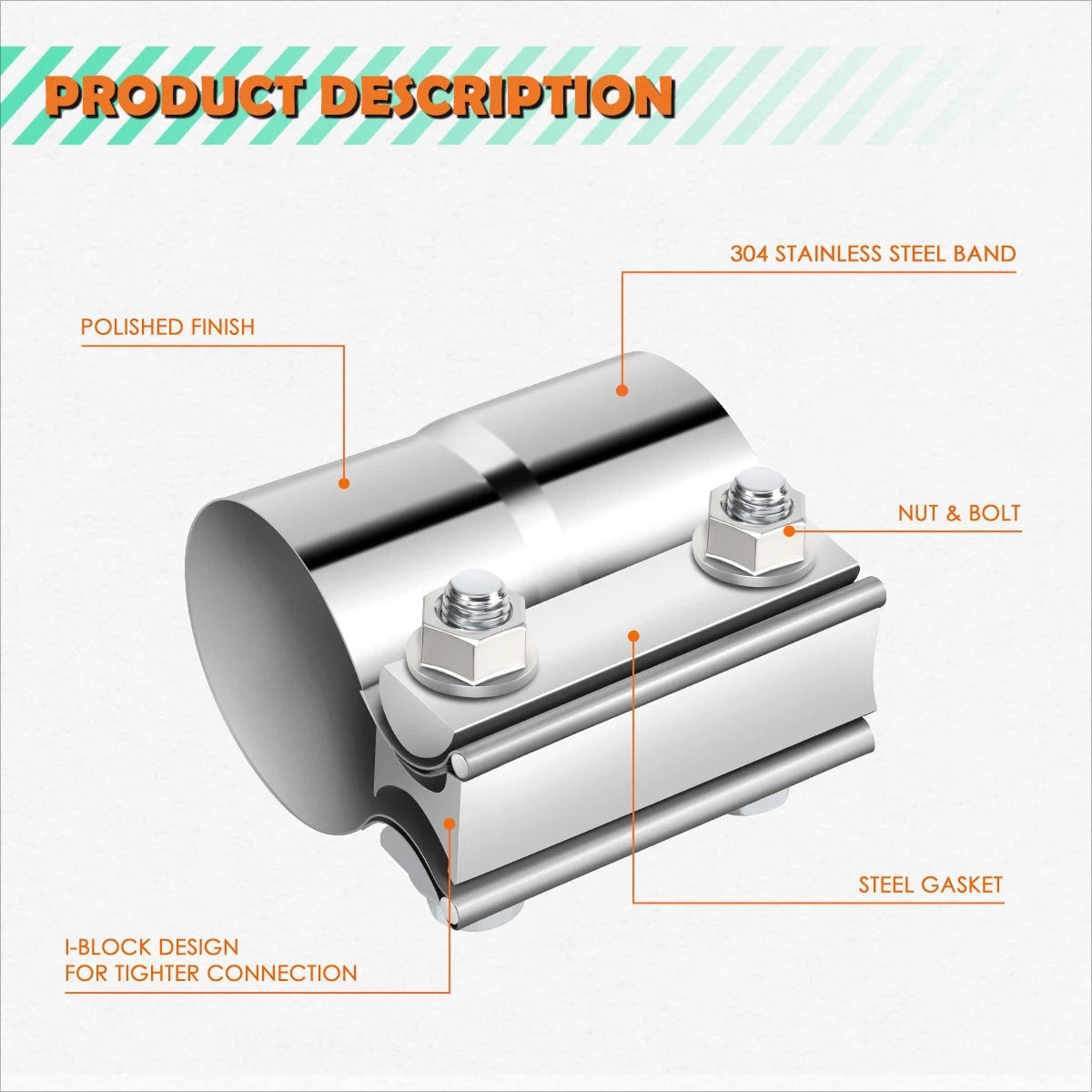 2" ID Stainless Steel Catback Exhaust Pipe Lap Joint Band Clamp Sleeve Coupler