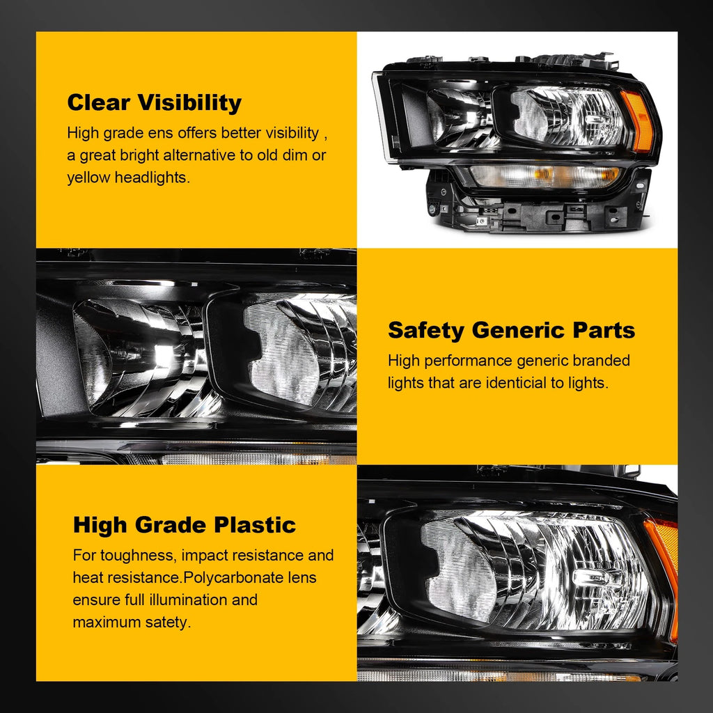 2X Black Amber Headlights for Ram 2500 3500 (2019–2024)
