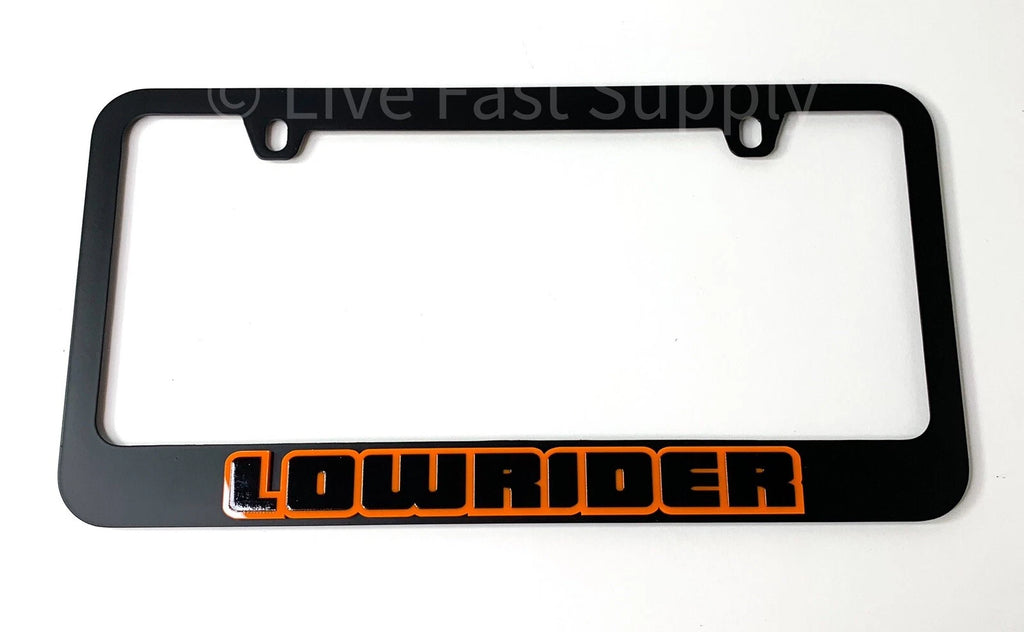 Matte Black License Plate Frame w Orange Outline for Universal (Any Year)