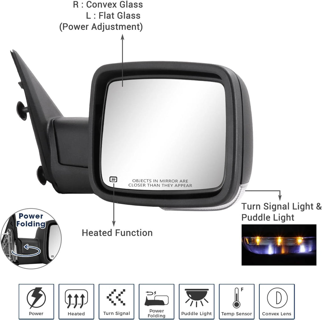 Set of 2 Mirrors for Ram 1500 (2014–2018) Power Fold Heated Puddle Light