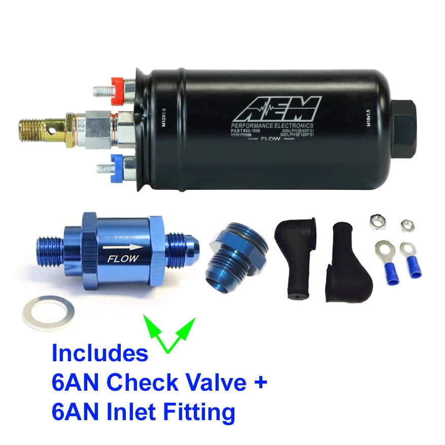 AEM 400LPH Fuel Pump + 6AN Inlet Fitting / 6AN Outlet Valve for