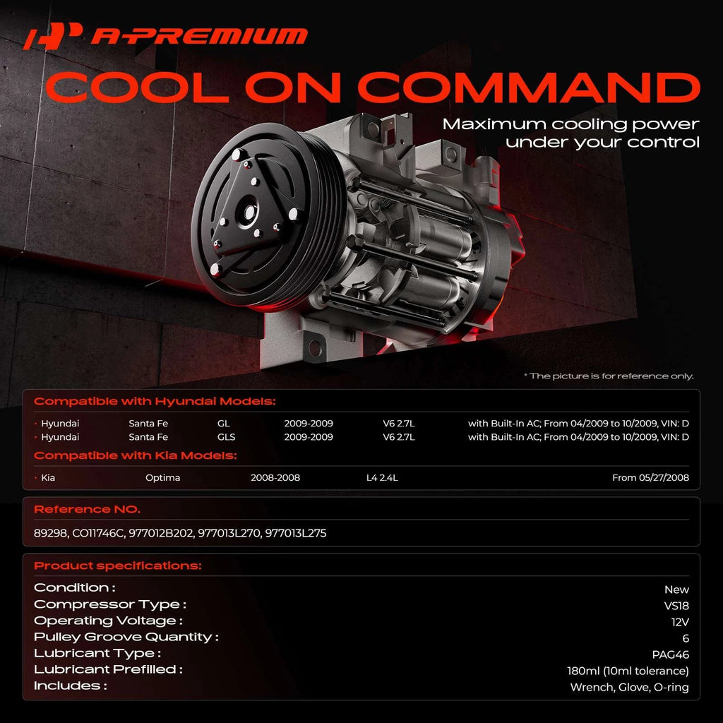 A/C Compressor with Clutch for Kia Optima (2008–2009) Hyundai Santa Fe (2008–2009)