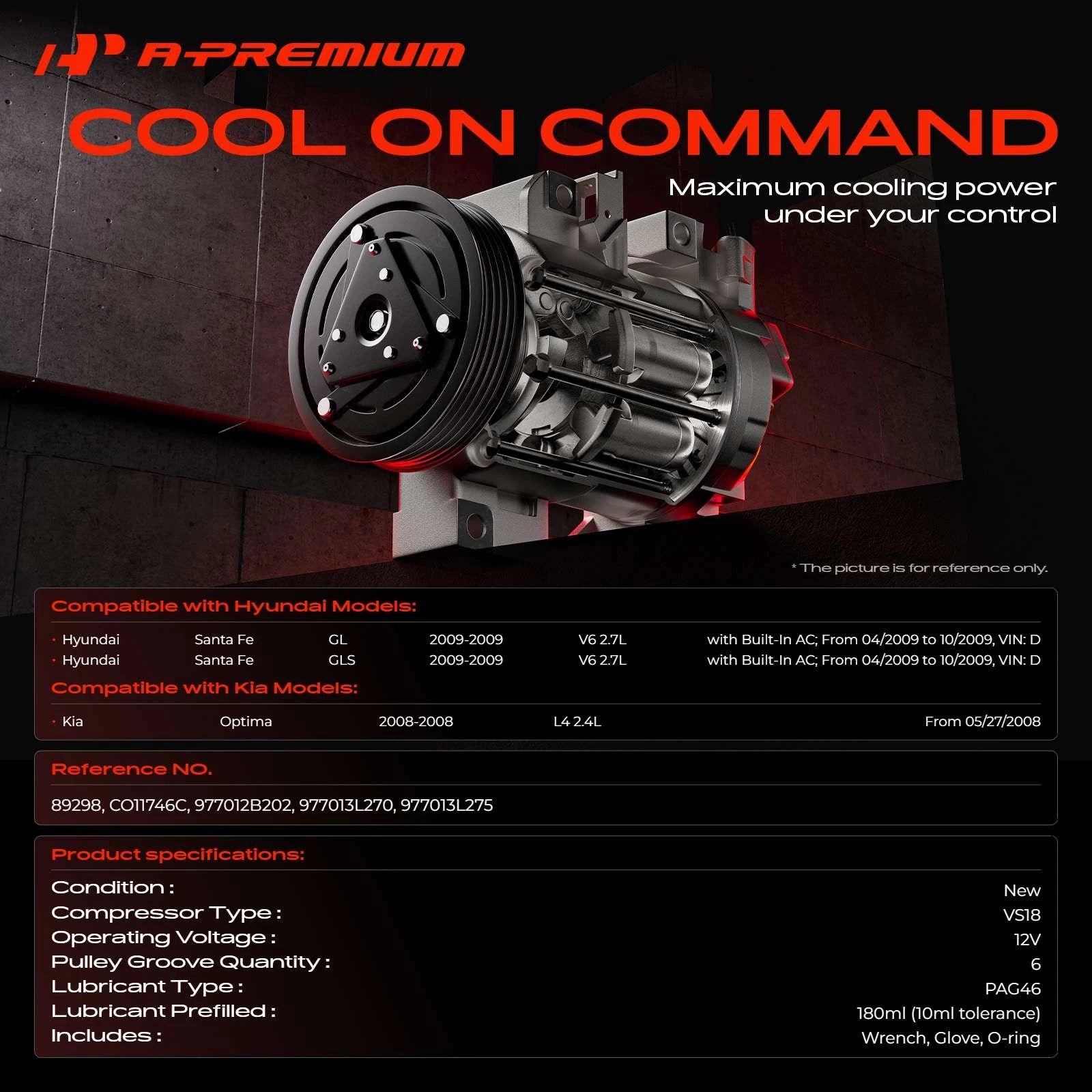 A/C Compressor with Clutch for Kia Optima (2008–2009) Hyundai Santa Fe (2008–2009)