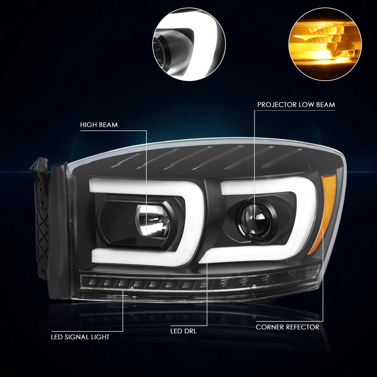 C-Bar LED DRL Chasing Signal Projector Headlight for Ram (2006–2009)