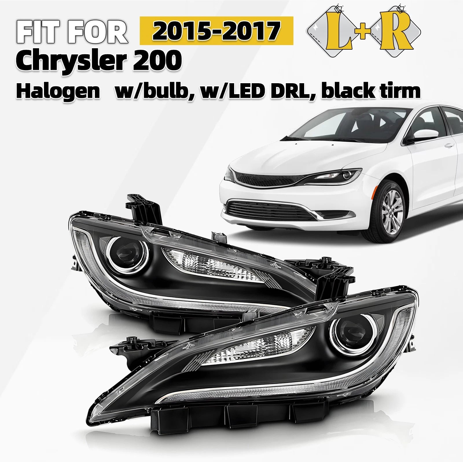 Set of 2 Halogen Headlights with LED DRL for Chrysler 200 (2015–2017)