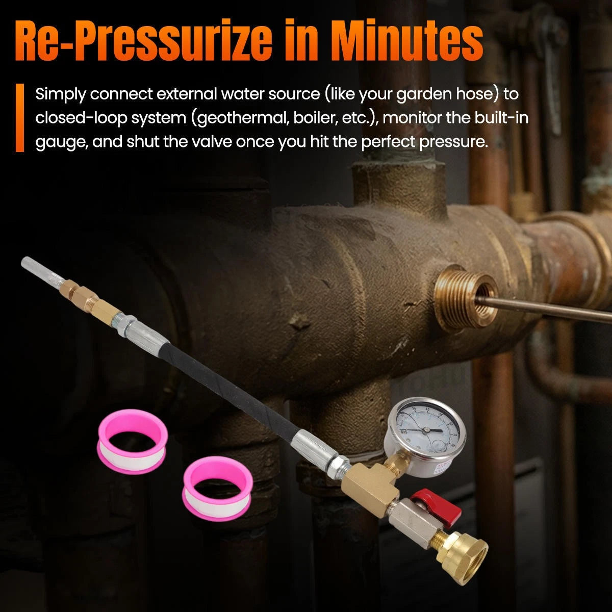 Geothermal Loop Fill Tool with 100psi Gauge for Garden Hose