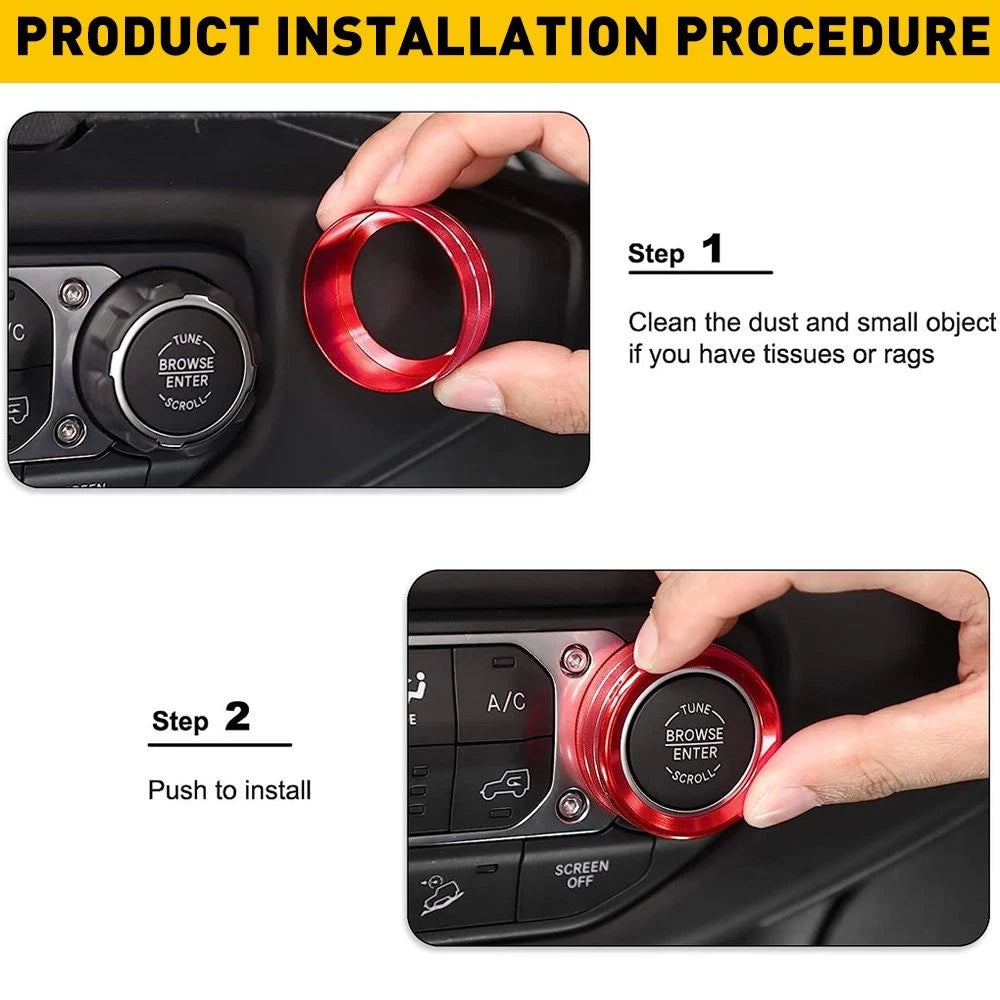 Red Air Conditioner/Headlight Knob Switch Trim Ring for Jeep Wrangler JL (2018–2023)