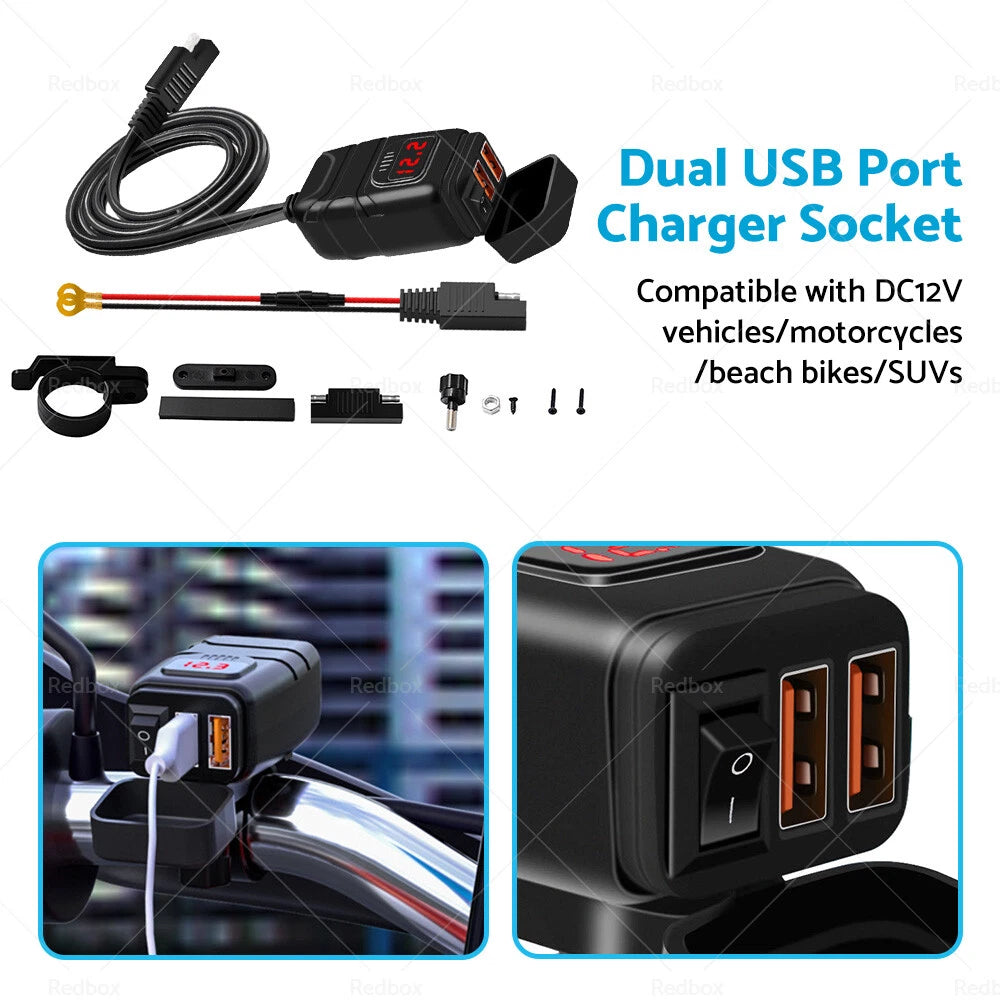 Dual USB Fast Charger Socket with Voltmeter for Motorcycle