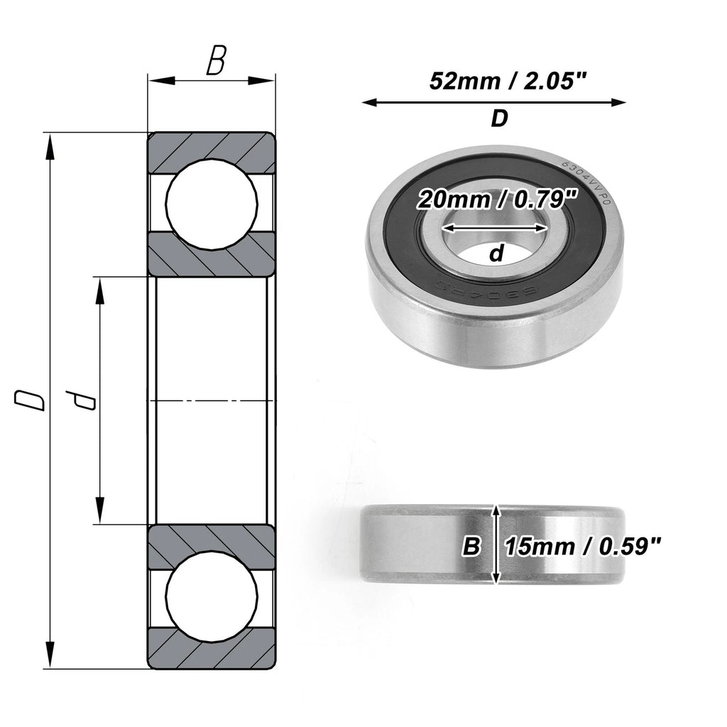 6304VV Deep Groove Ball Bearing for Scooter Skateboard (20x52x15mm)
