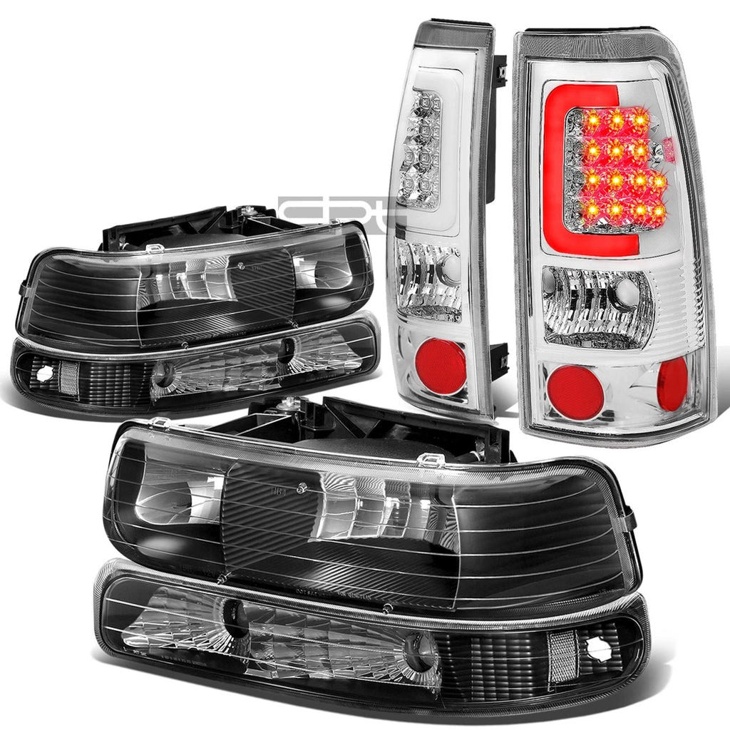 Set of 2 Black Headlight + Clear Bumper + Chrome 3D LED Tail Light for Silverado (1999–2002)