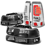 Set of 2 Black Headlight + Clear Bumper + Chrome 3D LED Tail Light for Silverado (1999–2002)