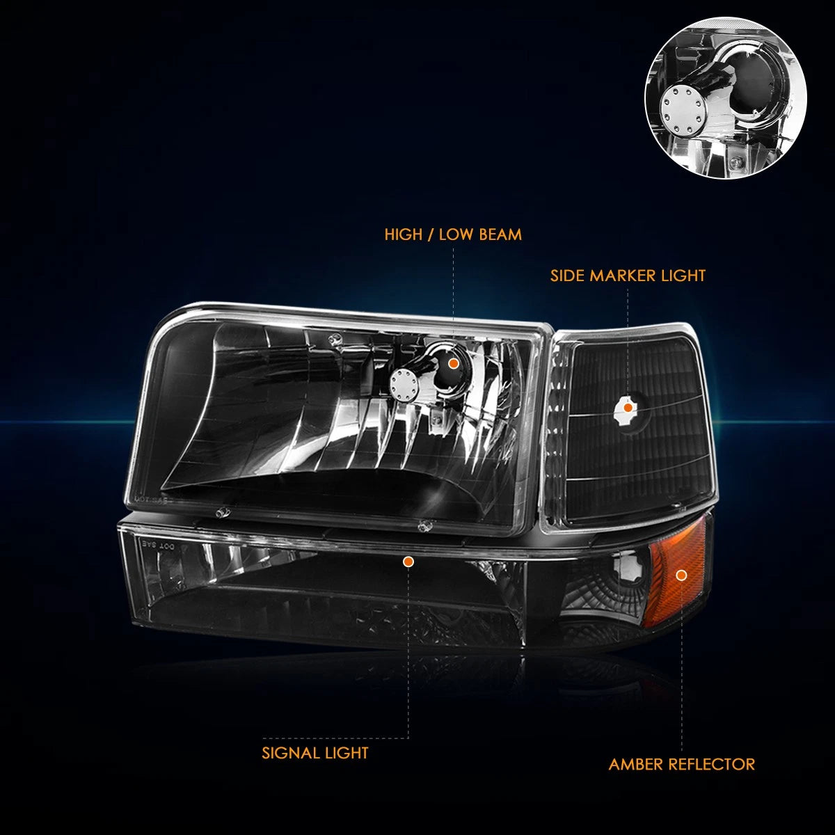 Black Housing Headlight Amber Corner Signal Lamps for Ford F150/F250/F350 (1992–1996)