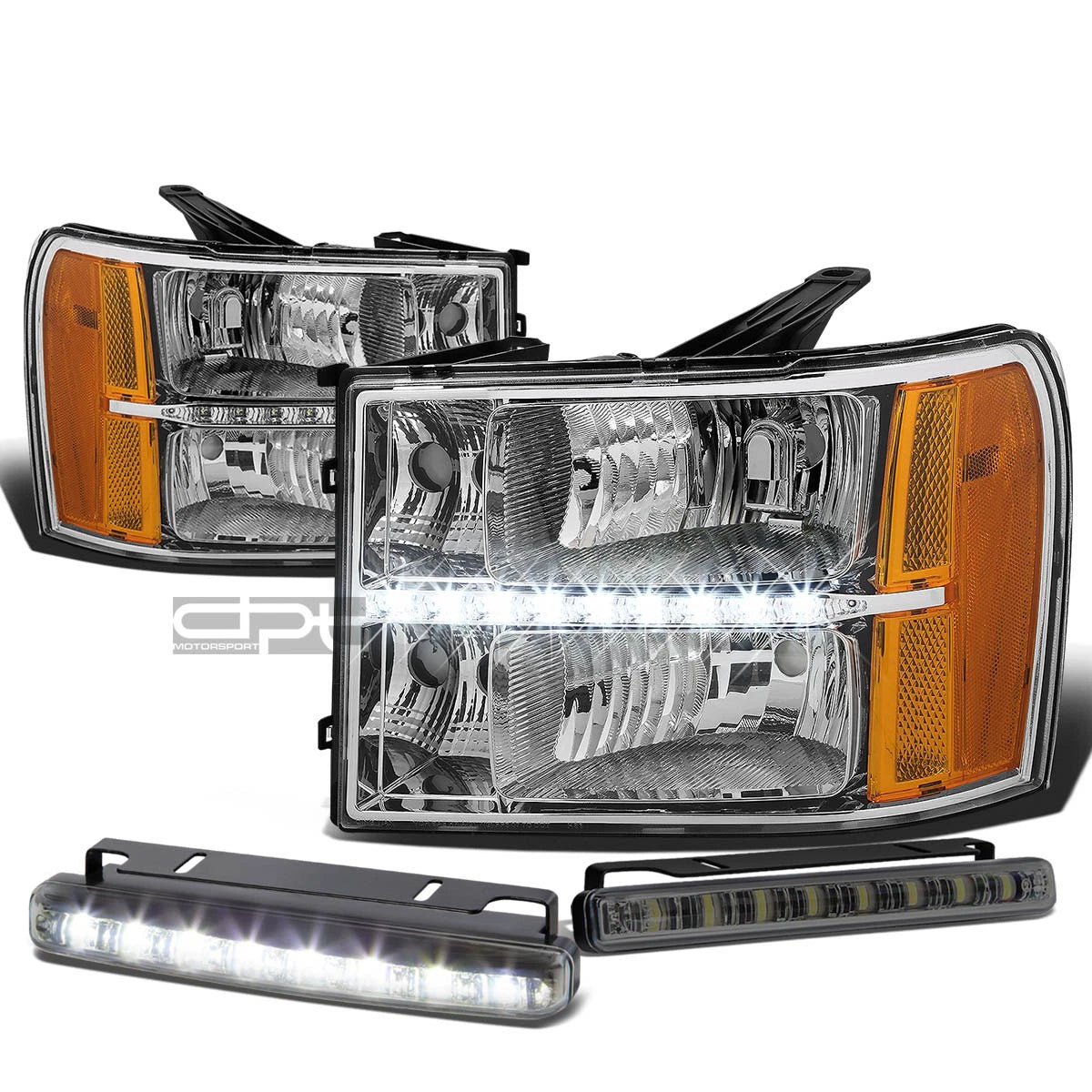 Chrome Clear Headlight Set with LED & Amber Corner for Sierra (2007–2014)