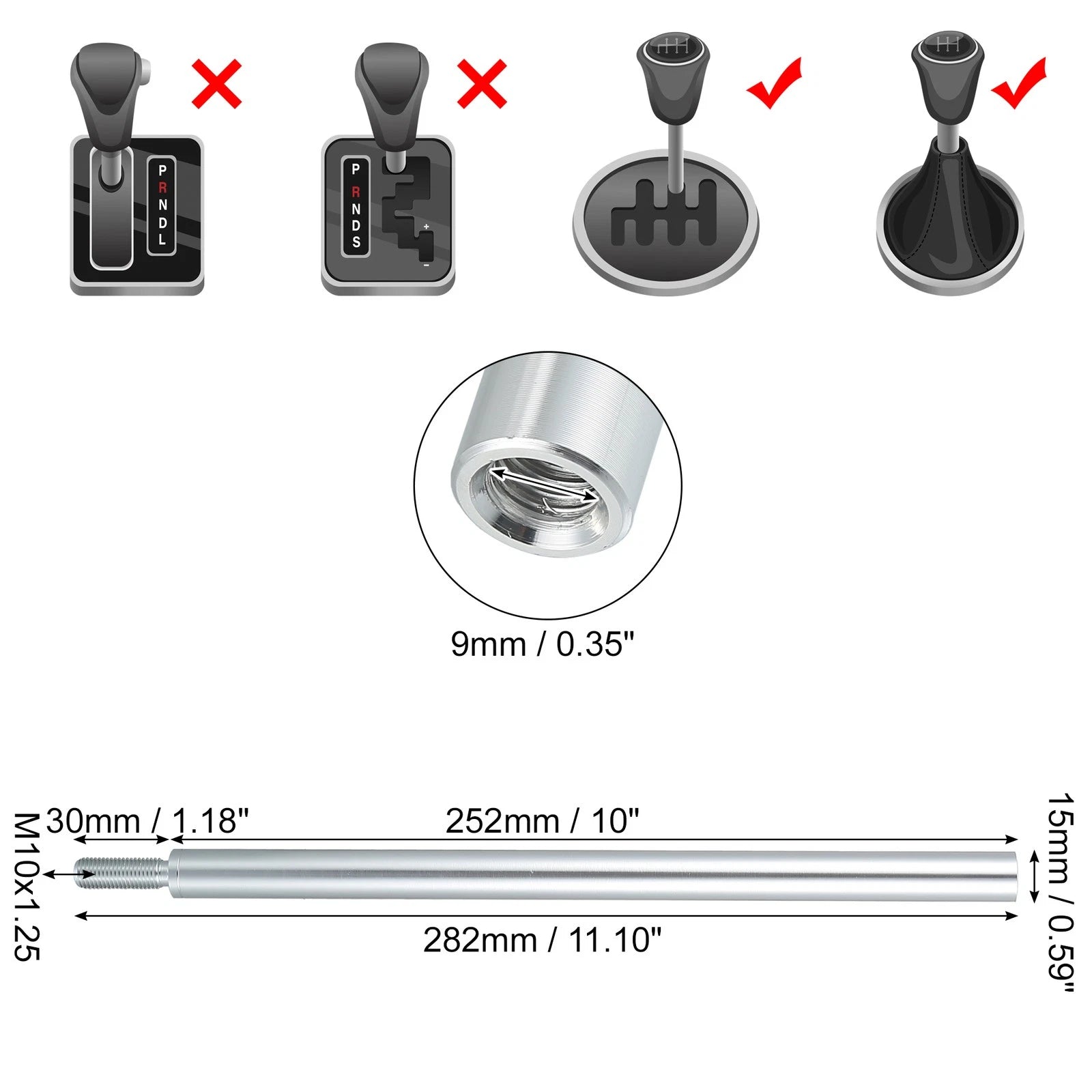10" Shift Knob Aluminum Alloy Gear Shifter Lever M10x1.25 for Mitsubishi 