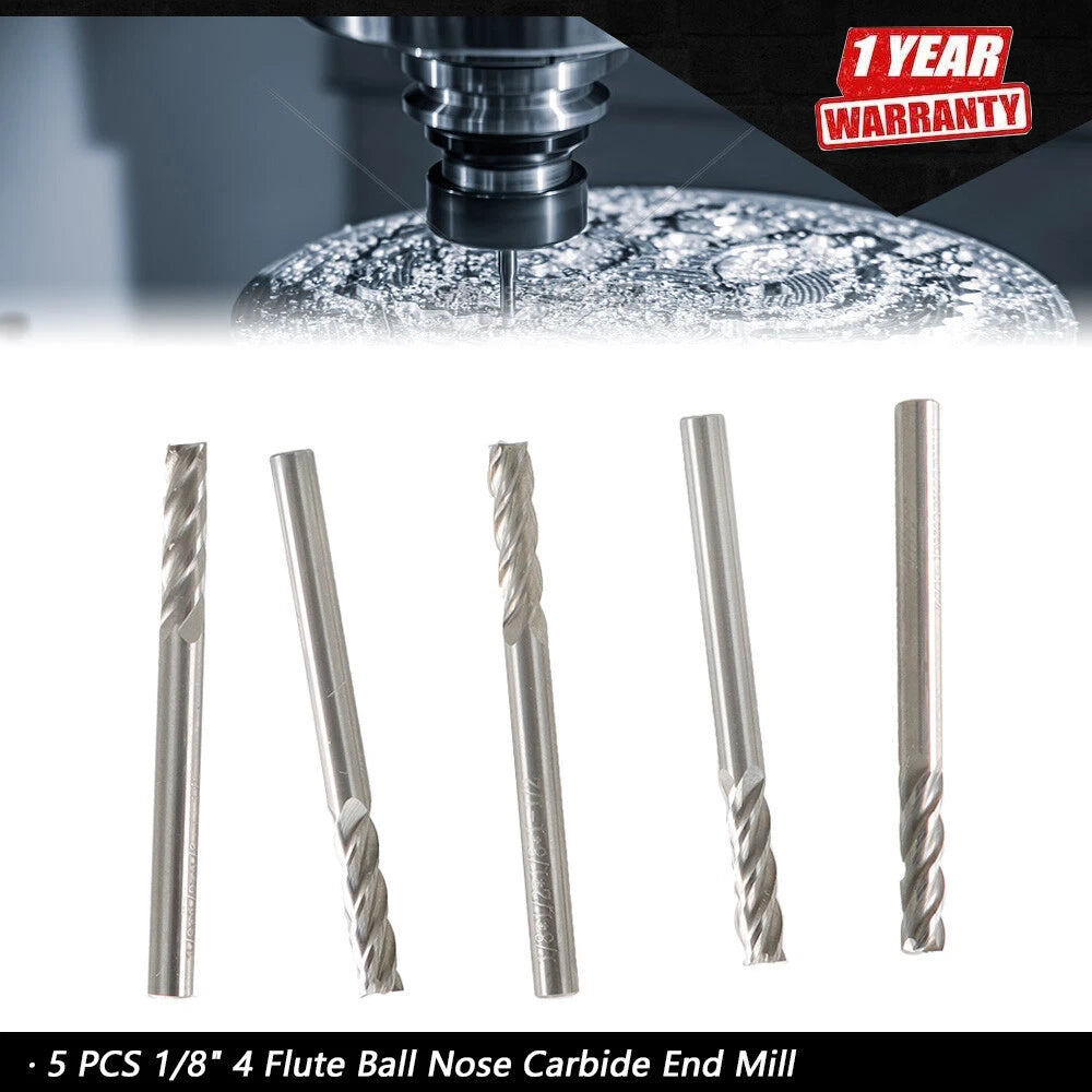 Set of 5 Ball Nose Carbide End Mills 1/8" for CNC Machining