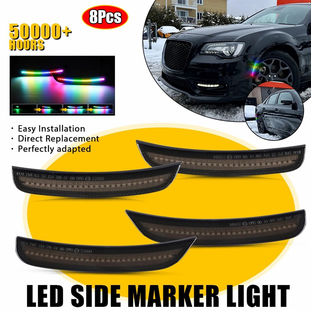 8X Dynamic RGB LED Side Marker Lights for Chrysler 300 300S 300C (2015–2023)