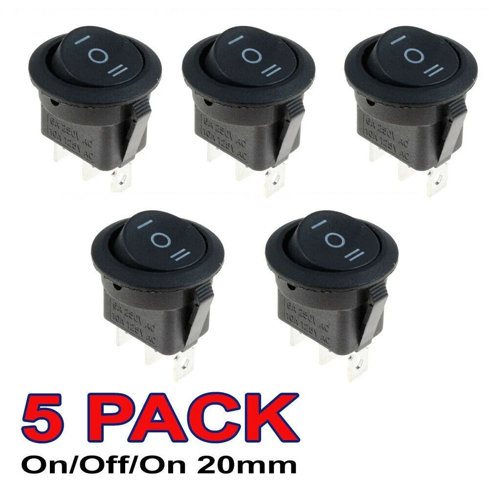 Set of 5 Round Rocker Switches 12-250V Black Polyamide Replacement
