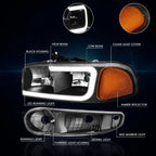 LED DRL Headlight Set for Yukon XL/Sierra Denali (2000–2006) w/ Bumper Lamps Black/Amber